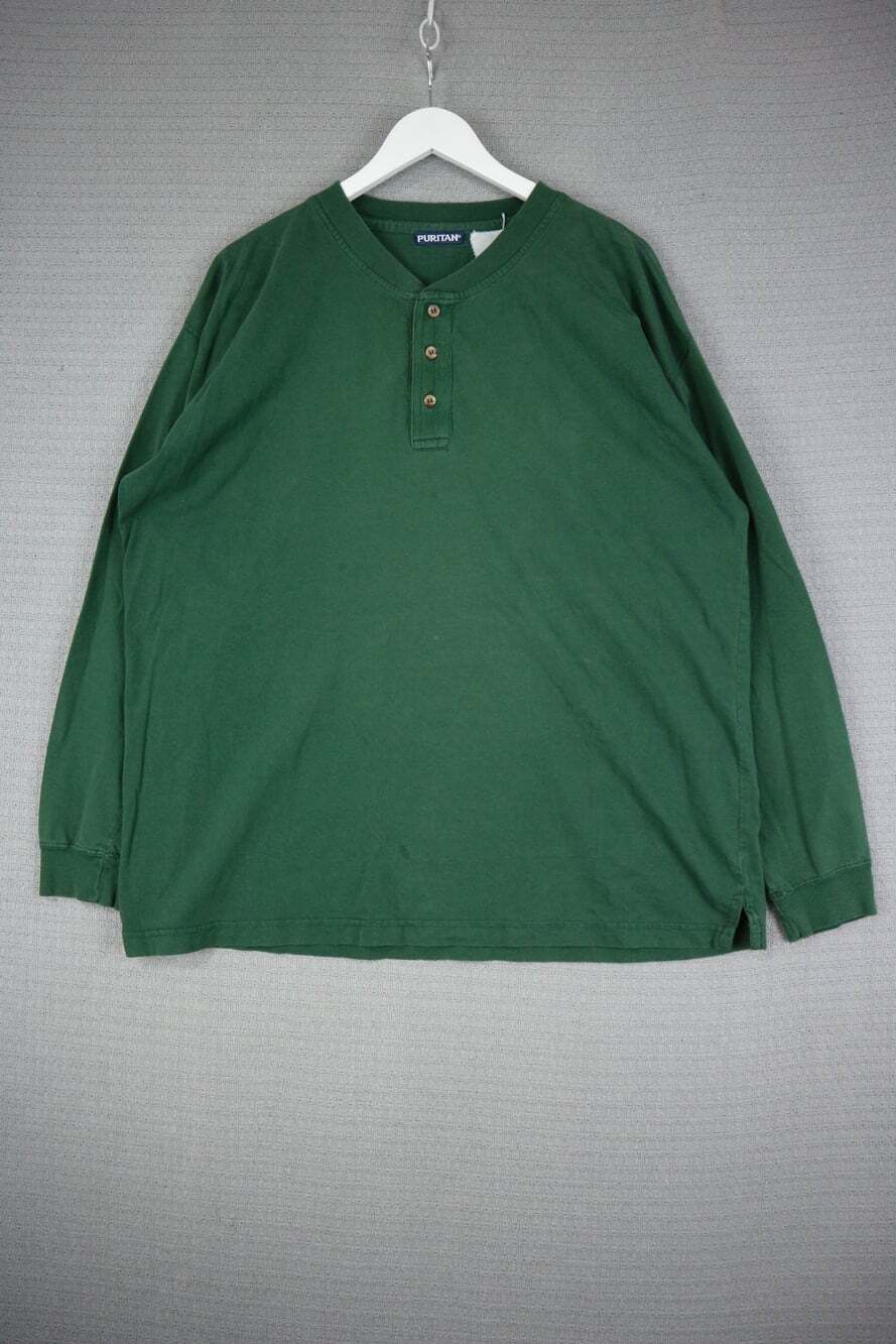 Puritan 1990s Vintage Faded Cotton Henley Green Longsleeve Shirt Mens XL